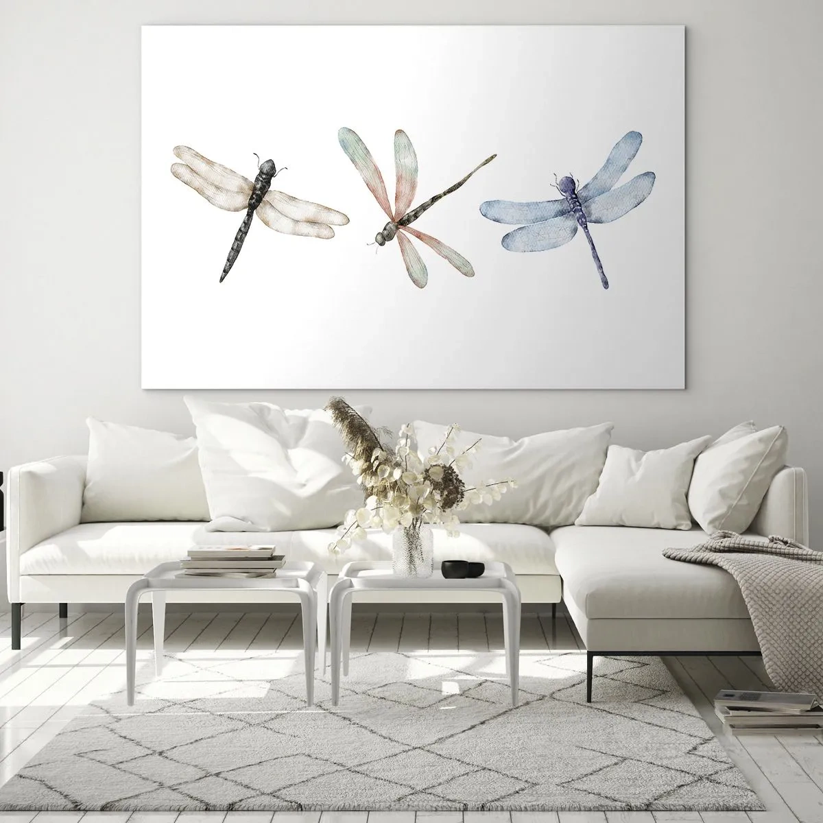 Obraz na skle - Tri farebné vážky na bielom pozadí v jemnom akvarelovom štýle - 70x50cm - Beztiažové vážky - Moderná nástenná dekorácia do obývacej izby a spálne ARTTOR