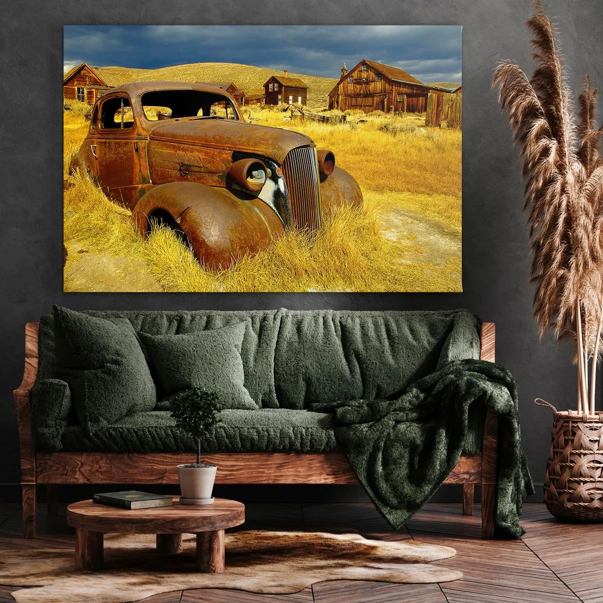 Obraz na plátne - Staré hrdzavé auto na pozadí opustených drevených chatrčí - 70x50cm - Zaslúžený odpočinok - Moderná nástenná dekorácia do obývacej izby a spálne ARTTOR