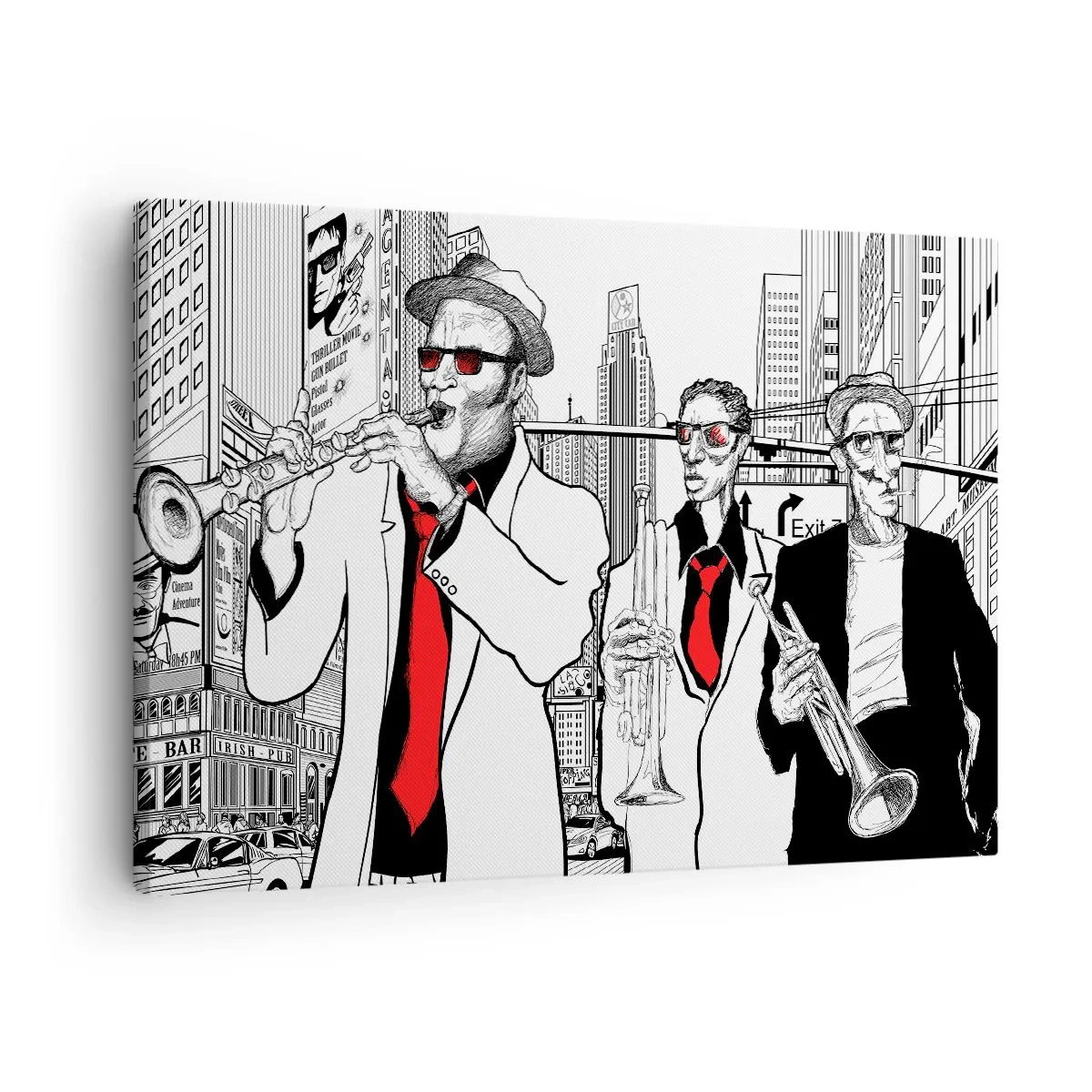 Obraz na plátne - Ilustrácia džezových hudobníkov na mestskom pozadí - 70x50cm - Mestská rapsódia v čiernej a červenej - Moderná nástenná dekorácia do obývacej izby a spálne ARTTOR