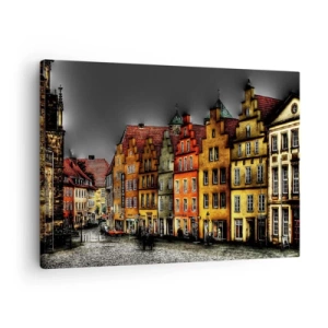 Obraz na plátne - Farebné činžiakové domy na dláždených uliciach v historickom meste - 70x50cm - Chýba iba kúzelná drožka - Moderná nástenná dekorácia do obývacej izby a spálne ARTTOR