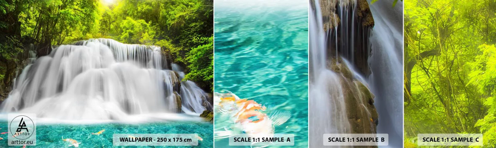 Vzorka samolepiacej fototapety Deluxe Sticker - Speneným vodopádom od zelene k modrej - Krajina, Vodopád, národný park - 100x30 cm