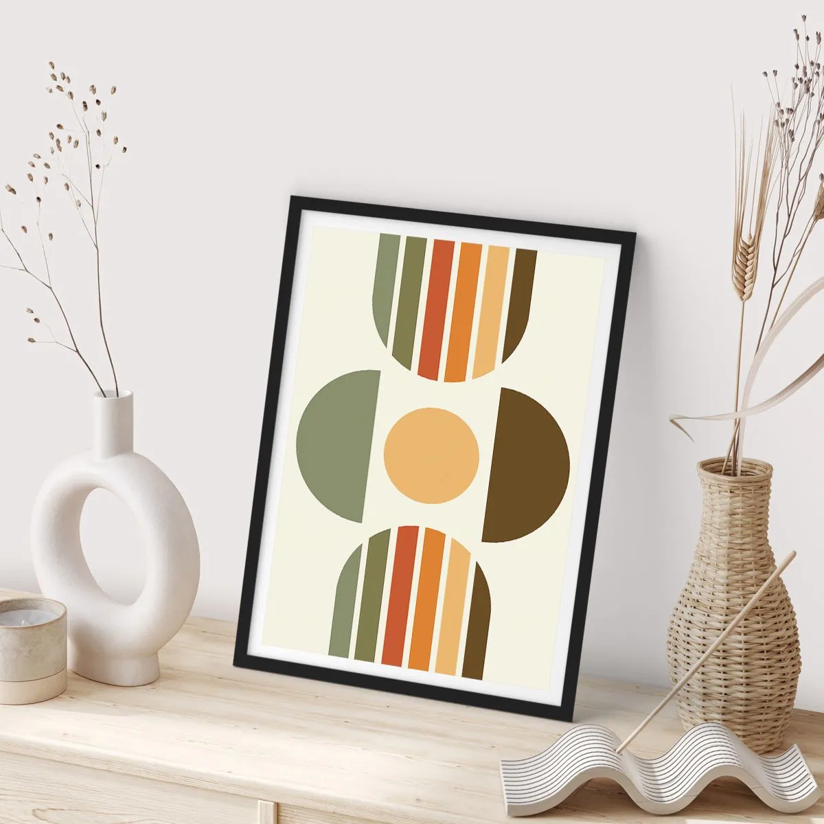 Plagát v čiernom ráme - Abstraktný geometrický vzor v zemitých tónoch s kruhmi a polkruhmi - 50x70cm - Vo farbách zeme - Moderná nástenná dekorácia do obývacej izby a spálne ARTTOR