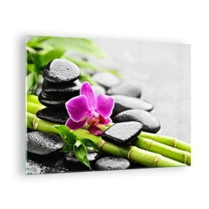 Obraz na skle - Orchidea, čierne kamene a bambus v pokojnom aranžmáne - 70x50cm - V pokojnej rovnováhe - Moderná nástenná dekorácia do obývacej izby a spálne ARTTOR