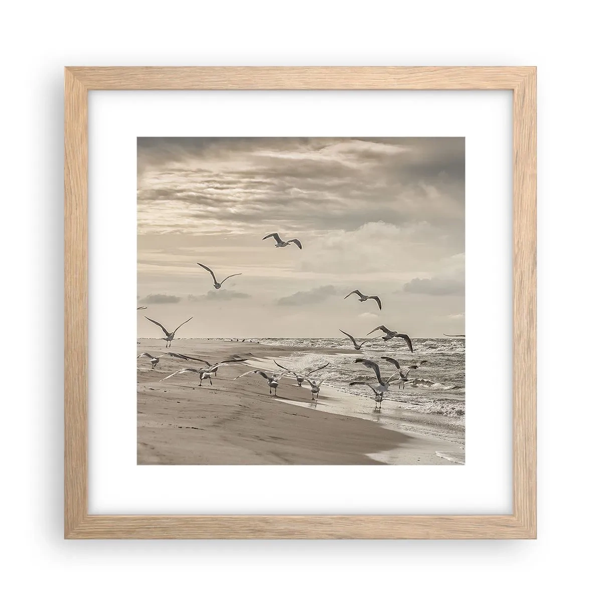 Plagát v ráme zo svetlého duba - Šumenie mora, spev vtákov - 30x30 cm