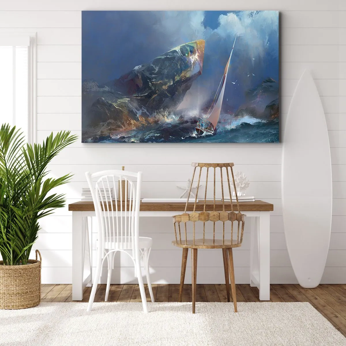Obraz na plátne - Plachetnica v búrke na úpätí mohutnej skaly - 70x50cm - Kto má odvahu, vyhráva - Moderná nástenná dekorácia do obývacej izby a spálne ARTTOR