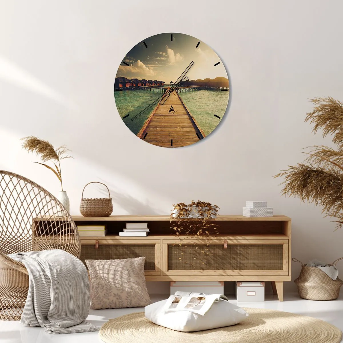 Nástenné hodiny - Mólo vedúce k vodným domom v západe slnka - 30x30cm - Vrelé pozvanie - Moderná nástenná dekorácia do obývacej izby, kuchyne a spálne ARTTOR