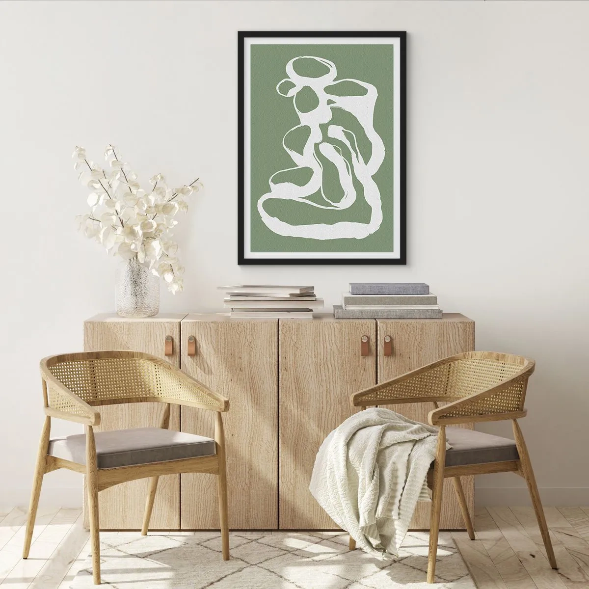 Plagát v čiernom ráme - Abstraktná biela kompozícia na zelenom pozadí - 50x70cm - Volanie priestoru - Moderná nástenná dekorácia do obývacej izby a spálne ARTTOR