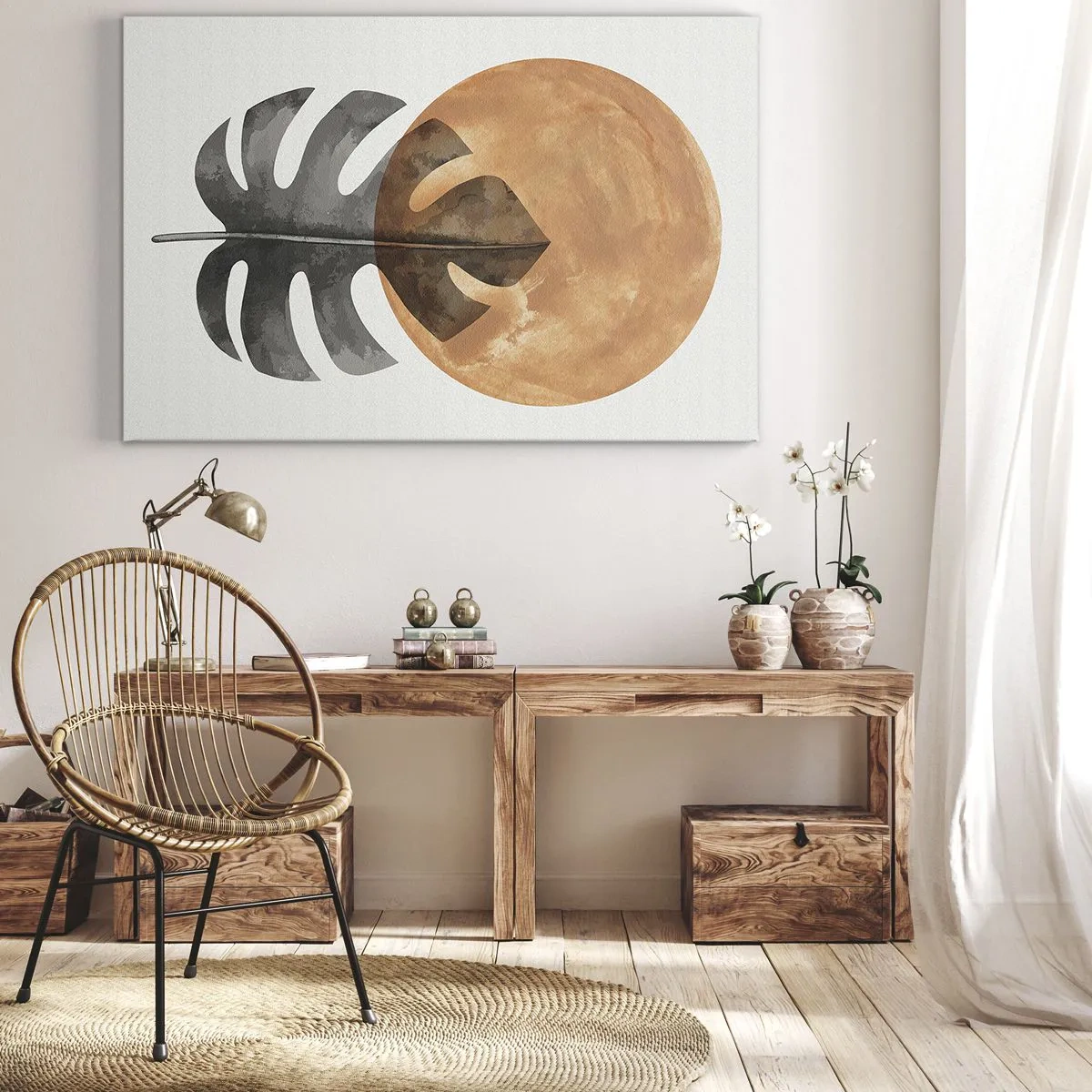 Obraz na plátne - List monstery a zlatý kruh na svetlom pozadí - 70x50cm - Vždy slnko - Moderná nástenná dekorácia do obývacej izby a spálne ARTTOR