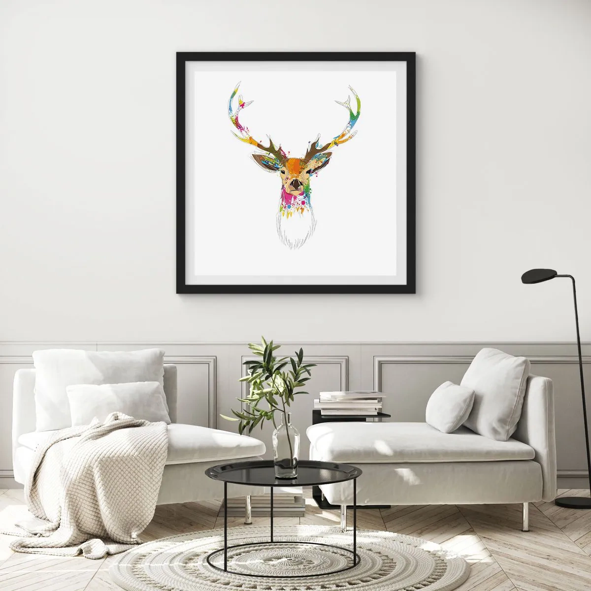 Plagát v čiernom ráme - Jemné jelenča vykúpané vo farbe - 60x60 cm