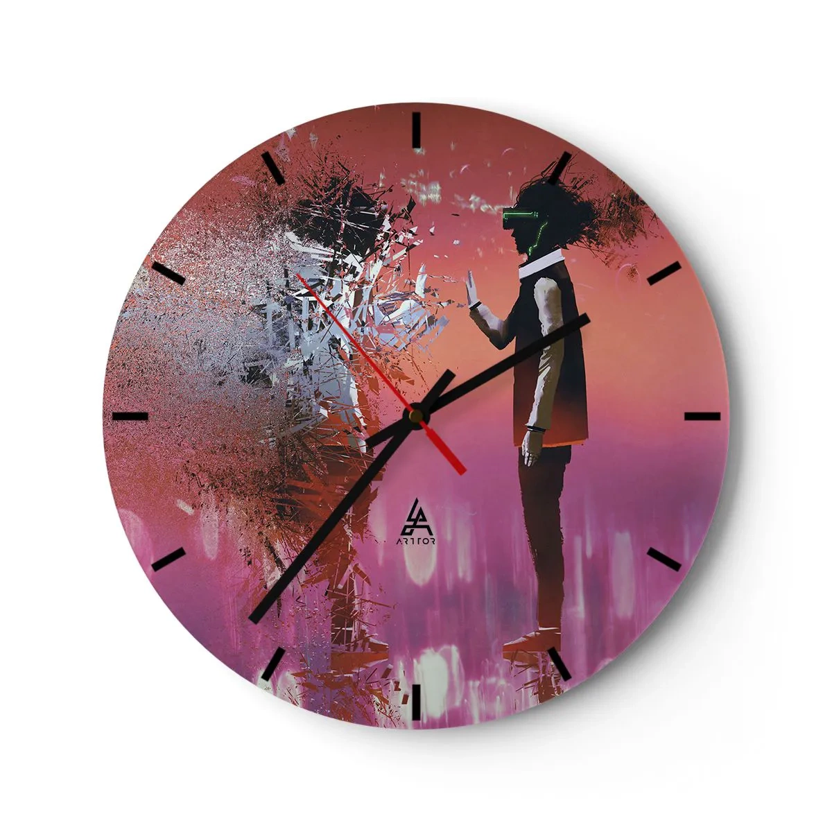 Nástenné hodiny - Postava s VR okuliarmi vo futuristickom ružovom svete - 30x30cm - Je možné nahliadnuť do seba? - Moderná nástenná dekorácia do obývacej izby, kuchyne a spálne ARTTOR