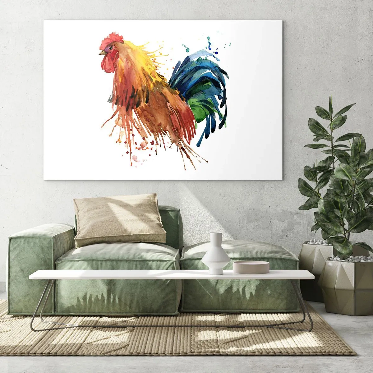 Obraz na skle - Akvarelový kohút v živých farbách na bielom pozadí - 70x50cm - Kráľovský šat, kráľovská pýcha - Moderná nástenná dekorácia do obývacej izby a spálne ARTTOR