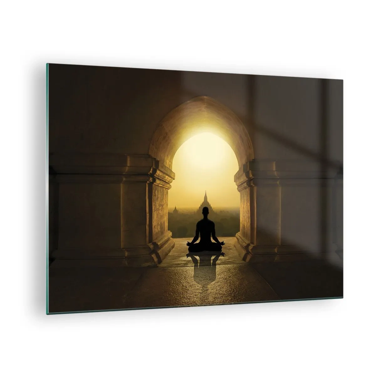 Obraz na skle - Silueta meditujúcej osoby vo svetle zapadajúceho slnka v architektonickom oblúku - 70x50cm - Plná harmónia - Moderná nástenná dekorácia do obývacej izby a spálne ARTTOR