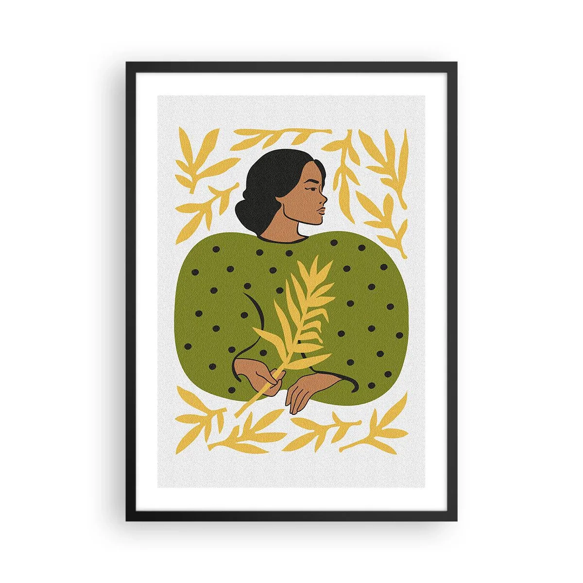 Plagát v čiernom ráme - Portrét ženy v zelených šatách so žltým listom s jemným vzorom - 50x70cm - Havajské dievča - Moderná nástenná dekorácia do obývacej izby a spálne ARTTOR
