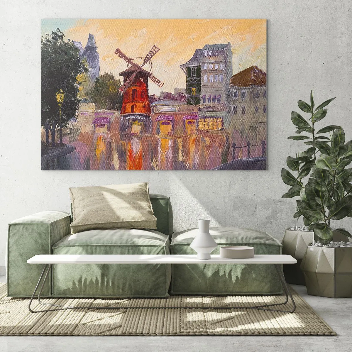 Obraz na skle - Červený veterný mlyn Moulin Rouge medzi parížskymi činžovnými domami - 70x50cm - Parížske ikony – Moulin Rouge - Moderná nástenná dekorácia do obývacej izby a spálne ARTTOR