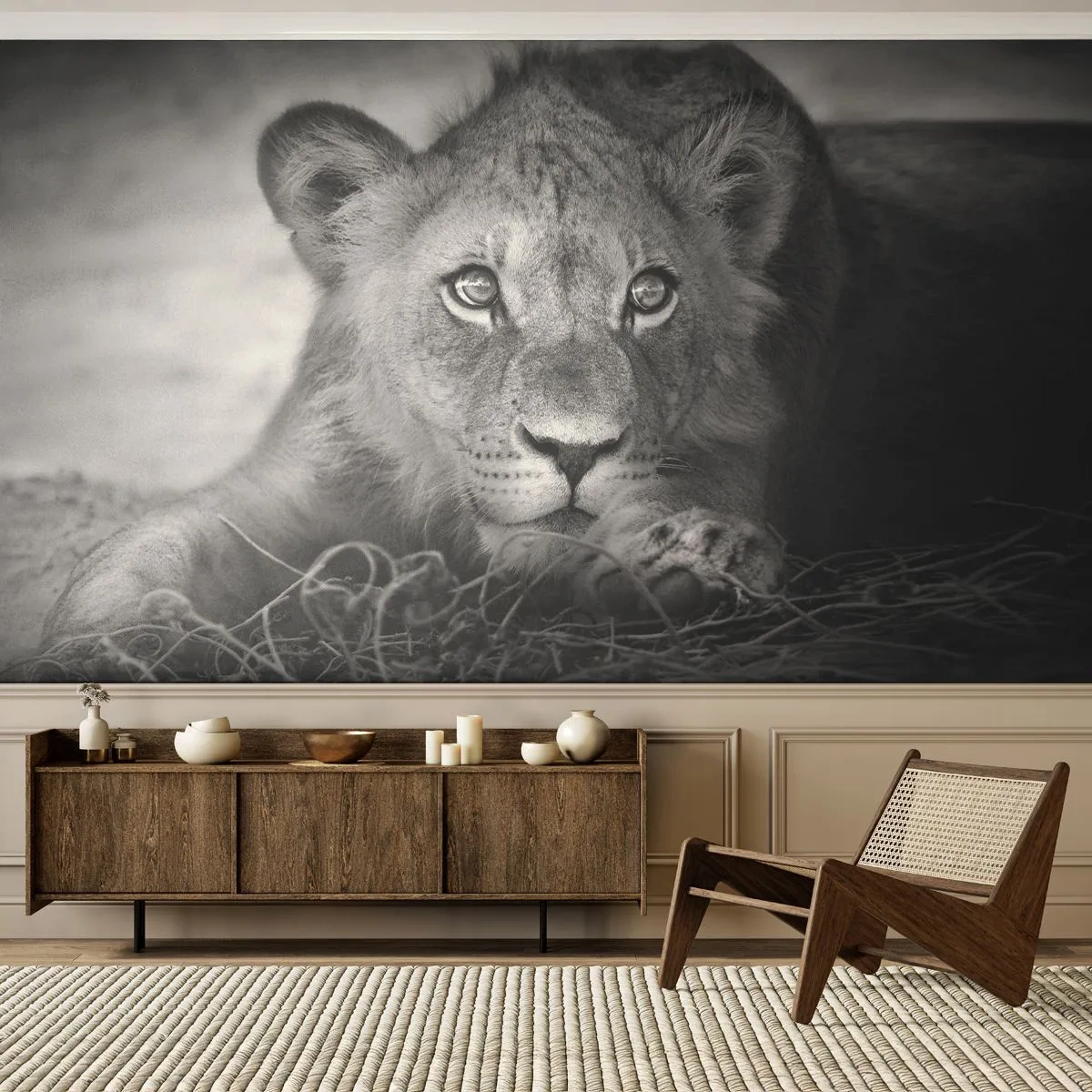 Fototapeta Premium Canvas - Kráľovské šteňa - Zvieratá, Lev, Čierna a biela - 250x175 cm