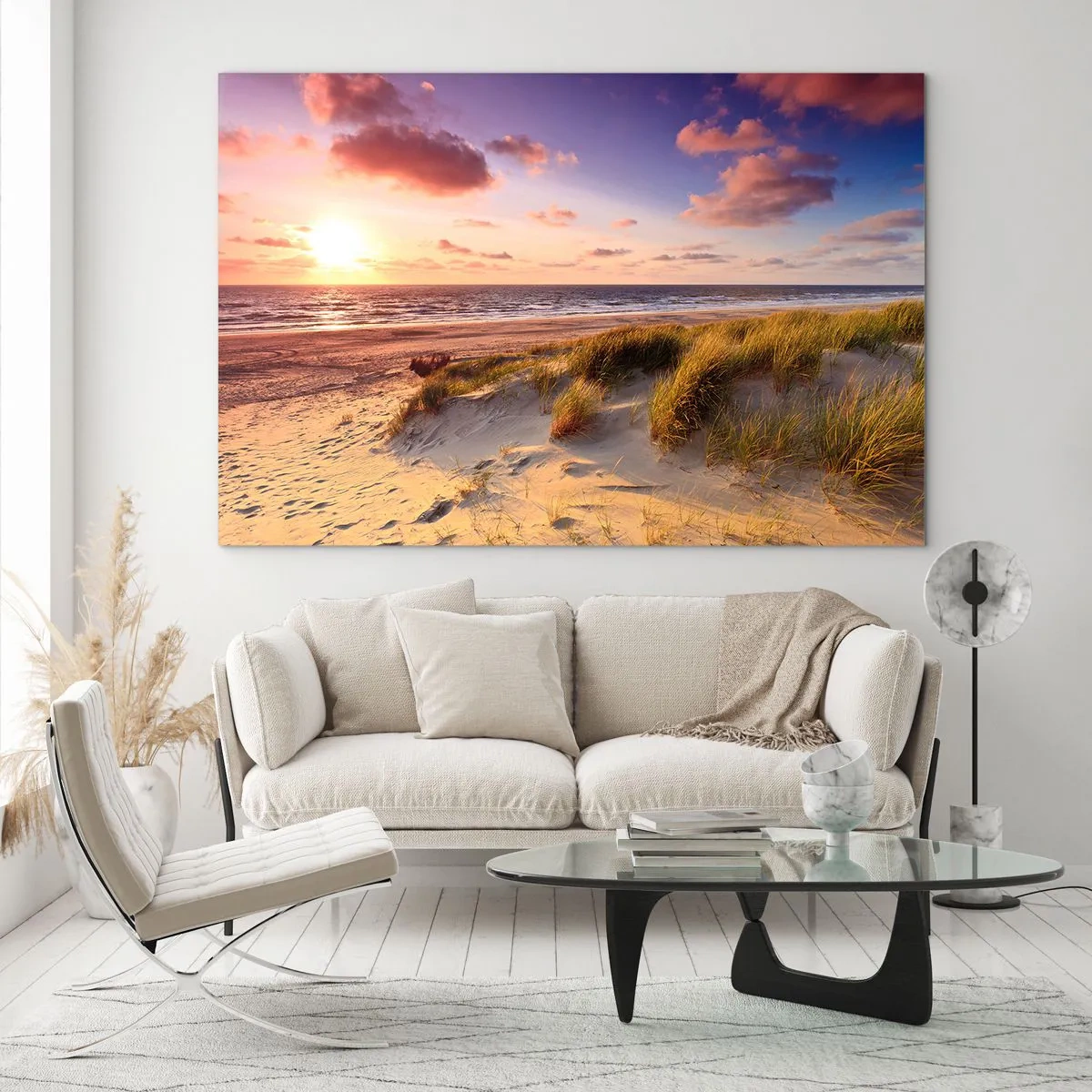 Obraz na skle - Pláž s dunami pri západe slnka - 70x50cm - Už letom vonia vzduch - Moderná nástenná dekorácia do obývacej izby a spálne ARTTOR