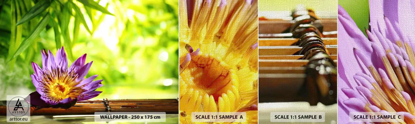 Vzorka fototapety Premium Canvas - Na ázijskom slnku - Kvetina, lotosový kvet, Bambus - 100x30 cm