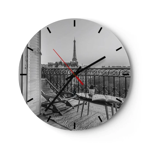 Nástenné hodiny - Pohľad z balkóna Eiffelovej veže v čiernobielej farbe - 30x30cm - Parížske popoludnie - Moderná nástenná dekorácia do obývacej izby, kuchyne a spálne ARTTOR
