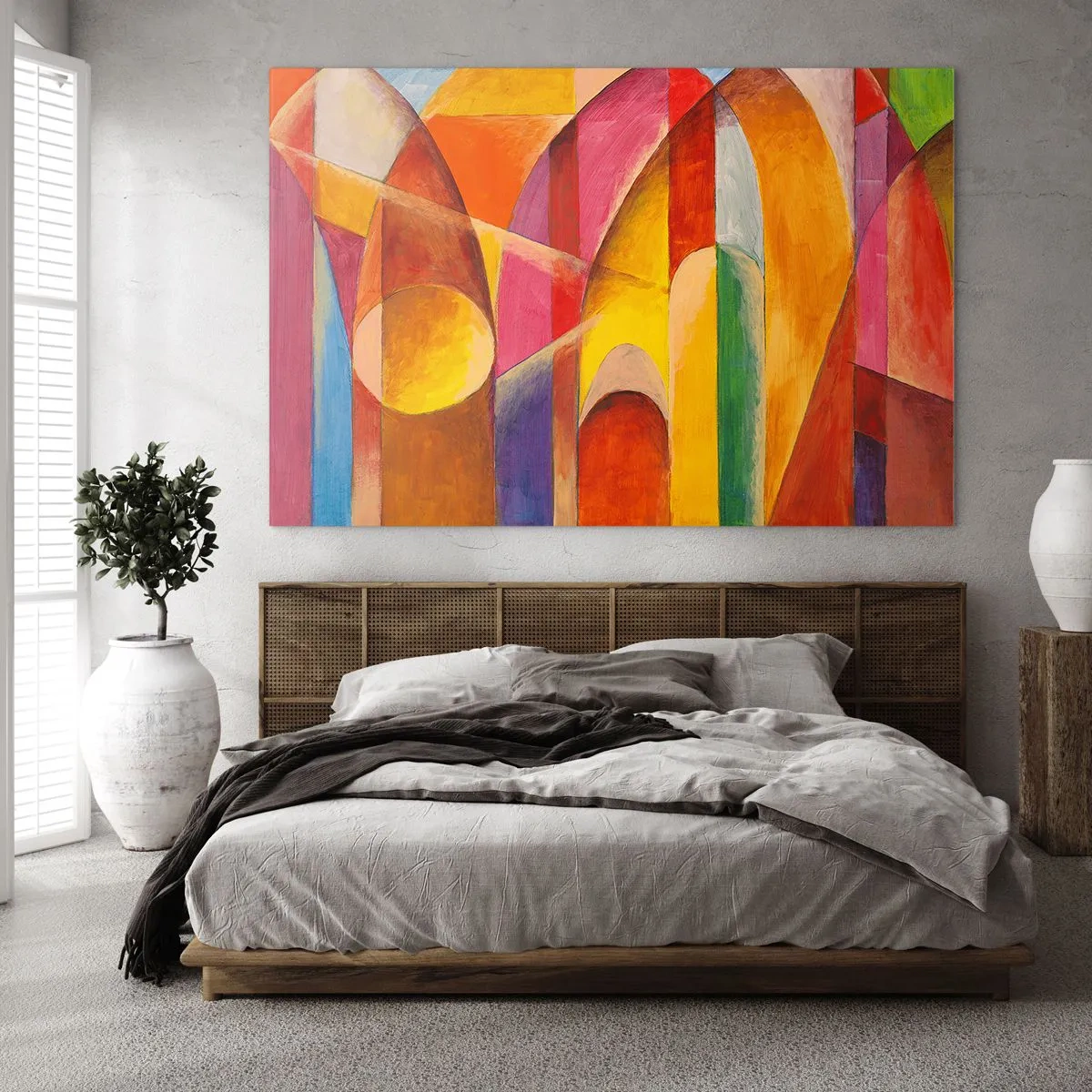Obraz na skle - Farebná abstrakcia s geometrickými tvarmi - 70x50cm - Katedrála slnka - Moderná nástenná dekorácia do obývacej izby a spálne ARTTOR