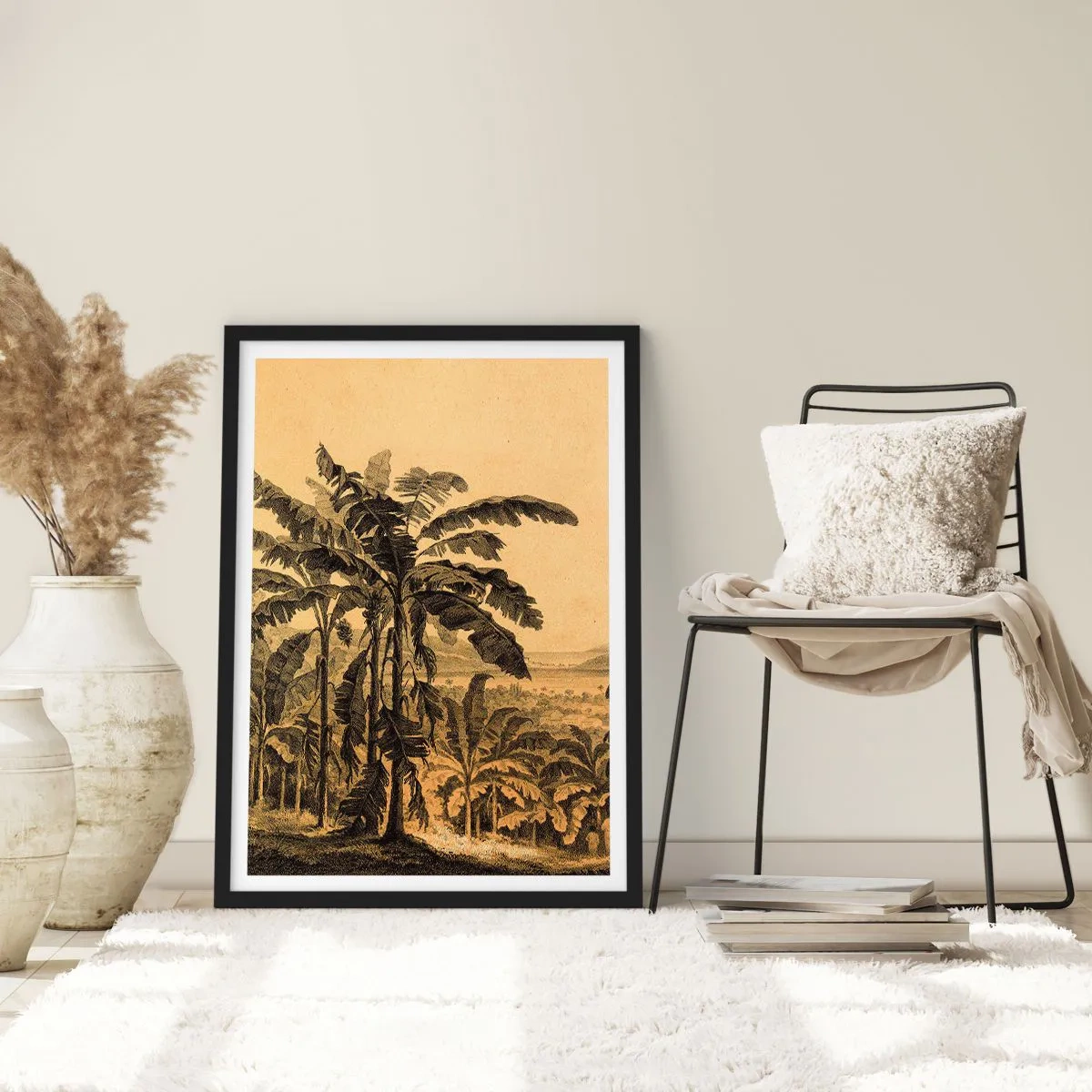 Plagát v čiernom ráme - Ilustrácia paliem na pozadí tropickej krajiny - 50x70cm - V koloniálnom štýle - Moderná nástenná dekorácia do obývacej izby a spálne ARTTOR