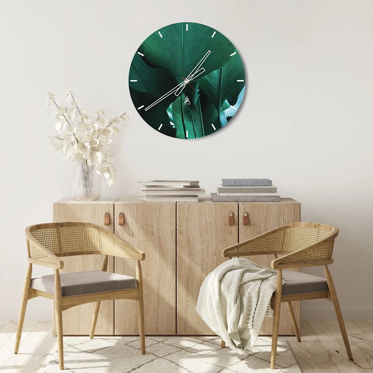 Nástenné hodiny - Detailný záber zelených listov tropických rastlín - 30x30cm - Obrátené k svetlu - Moderná nástenná dekorácia do obývacej izby, kuchyne a spálne ARTTOR