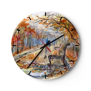 Nástenné hodiny - Jesenný park s lavičkou v akvarelovom štýle - 30x30cm - Spoločne putovať jeseňou - Moderná nástenná dekorácia do obývacej izby, kuchyne a spálne ARTTOR