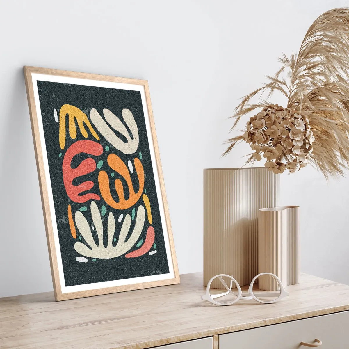 Plagát v ráme zo svetlého duba - Kompozícia – hneď ťa chytím - 70x100 cm