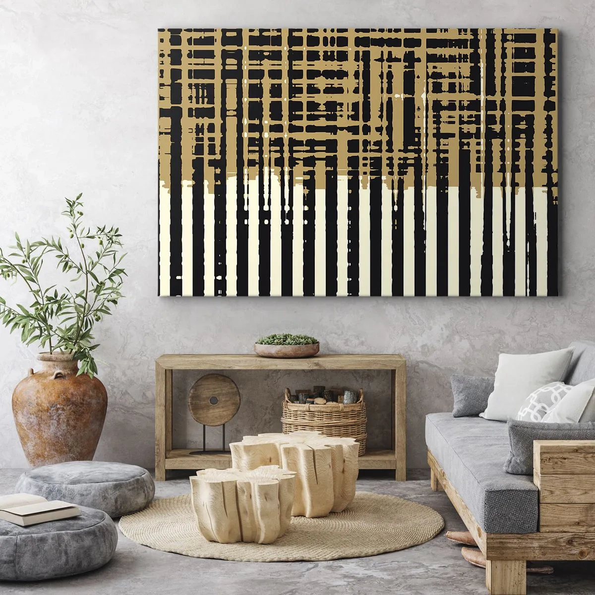Obraz na plátne - Abstraktné čiary v čiernej, béžovej a bielej farbe - 70x50cm - Architektonická abstrakcia - Moderná nástenná dekorácia do obývacej izby a spálne ARTTOR