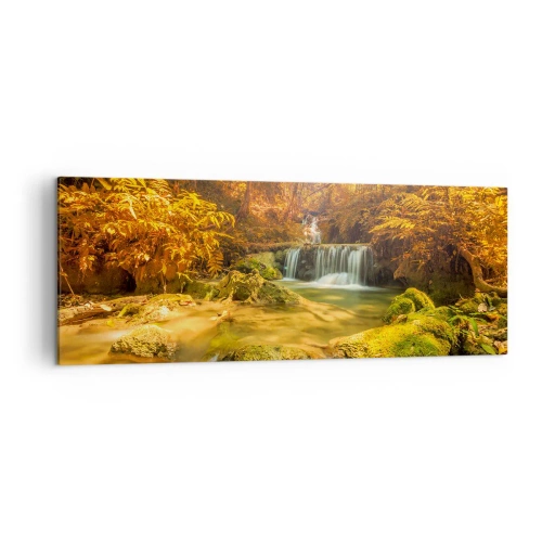 Obraz na plátne - Lesný vodopád v zlate - 140x50 cm