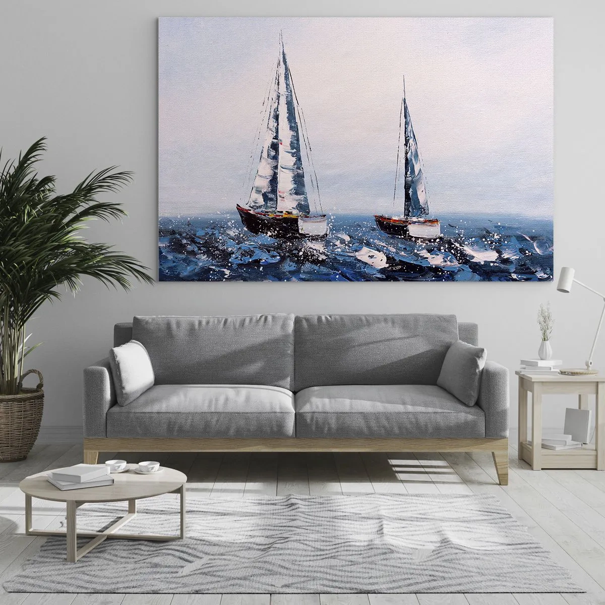 Obraz na skle - Dve jachty na rozbúrenom mori v impresionistickom maliarskom štýle. - 70x50cm - Bratstvo vetra - Moderná nástenná dekorácia do obývacej izby a spálne ARTTOR