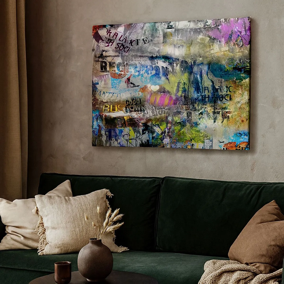 Obraz na plátne - Abstraktná koláž s textom a rôznymi farbami - 70x50cm - Koláž spomienok - Moderná nástenná dekorácia do obývacej izby a spálne ARTTOR