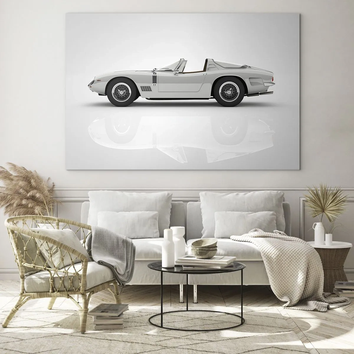 Obraz na skle - Klasický biely kabriolet na minimalistickom pozadí s odrazmi. - 70x50cm - Prísľub zábavy - Moderná nástenná dekorácia do obývacej izby a spálne ARTTOR