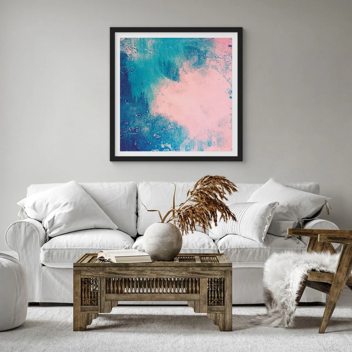 Plagát v čiernom ráme - Modré objatie - 50x50 cm