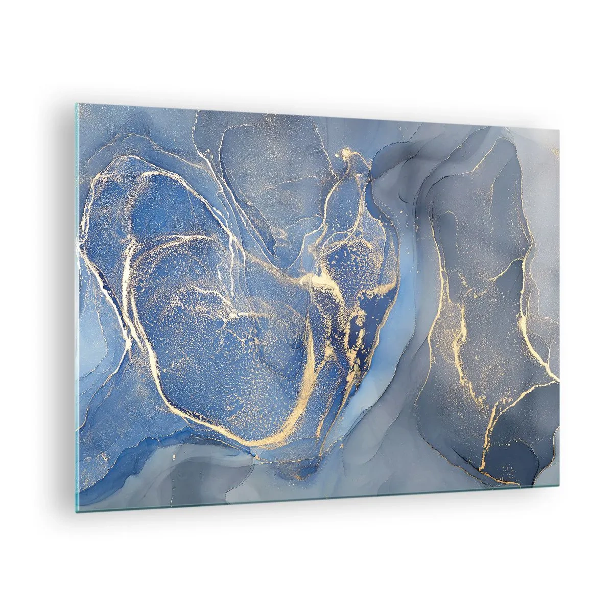 Obraz na skle - Abstraktná kompozícia v odtieňoch tmavomodrej a zlatej - 70x50cm - Zlatý prach - Moderná nástenná dekorácia do obývacej izby a spálne ARTTOR
