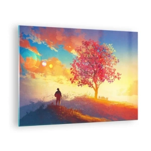 Obraz na skle - Postava na pozadí farebnej oblohy a stromu v teplých farbách - 70x50cm - Pútnik pri cieli - Moderná nástenná dekorácia do obývacej izby a spálne ARTTOR