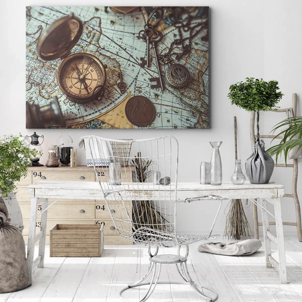 Obraz na plátne - Zloženie s kompasom, kľúčmi a starou mapou v retro štýle - 70x50cm - Pre dobrodruha - Moderná nástenná dekorácia do obývacej izby a spálne ARTTOR