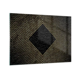 Obraz na skle - Zlatý diamant s geometrickými čiarami na čiernom pozadí - 70x50cm - Geometria v štýle glamour - Moderná nástenná dekorácia do obývacej izby a spálne ARTTOR