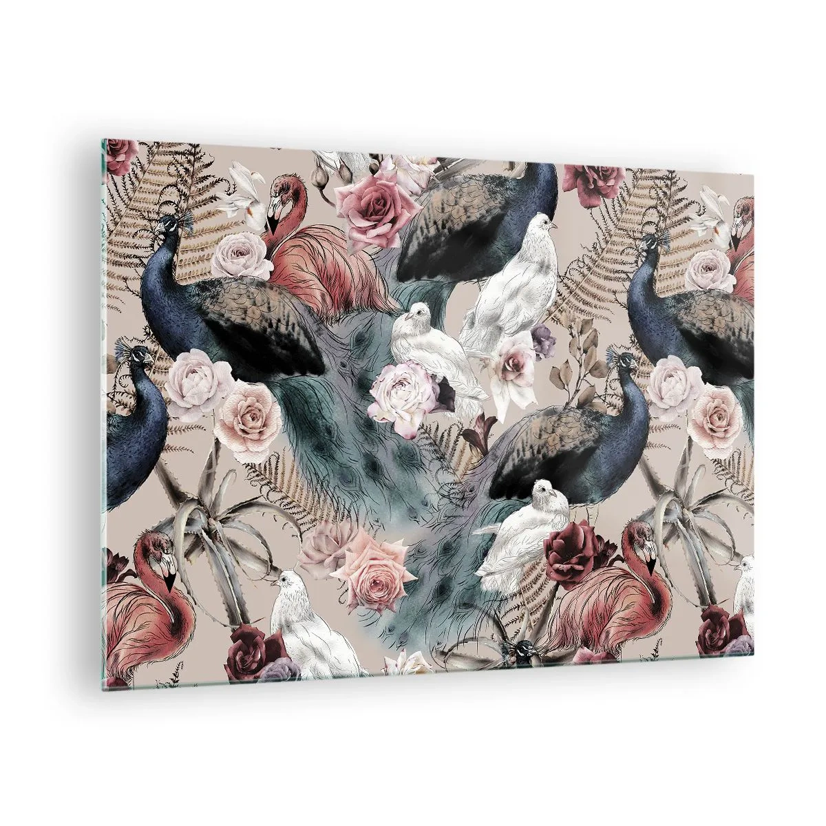 Obraz na skle - Pávy a plameniaky obklopené ružami a papraďami - 70x50cm - V palácovej záhrade - Moderná nástenná dekorácia do obývacej izby a spálne ARTTOR