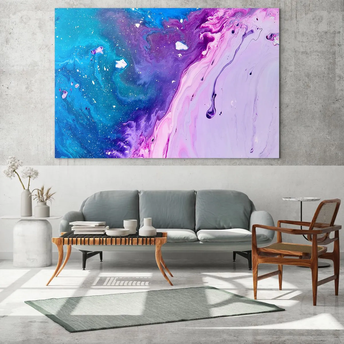 Obraz na skle - Abstraktná kompozícia so zmesou fialovej, modrej a ružovej farby. - 70x50cm - Yin a yang - Moderná nástenná dekorácia do obývacej izby a spálne ARTTOR