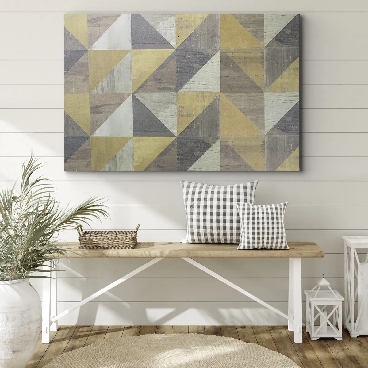 Obraz na plátne - Geometrická kompozícia trojuholníkov v zemitých odtieňoch - 70x50cm - V uhle trojuholníka - Moderná nástenná dekorácia do obývacej izby a spálne ARTTOR