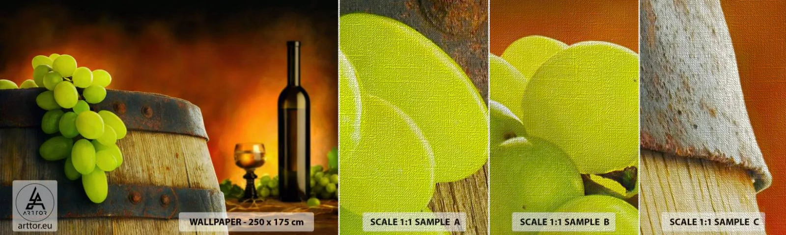 Vzorka fototapety Premium Canvas - Zátišie s fľašou vína a hroznom - Hrozno, Víno, Sud vína - 100x30 cm