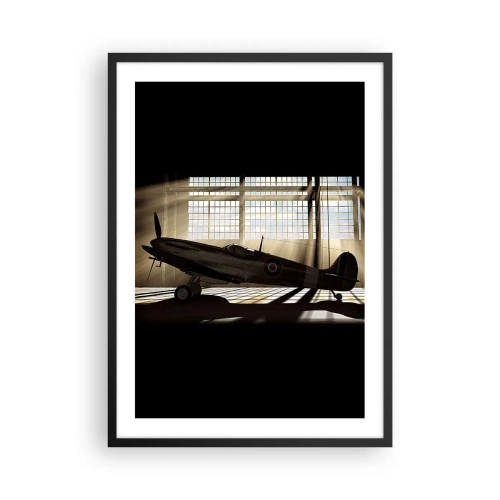 Plagát v čiernom ráme - Historické lietadlo v hangári so slnečnými lúčmi - 50x70cm - Odpočinok bojovníka - Moderná nástenná dekorácia do obývacej izby a spálne ARTTOR