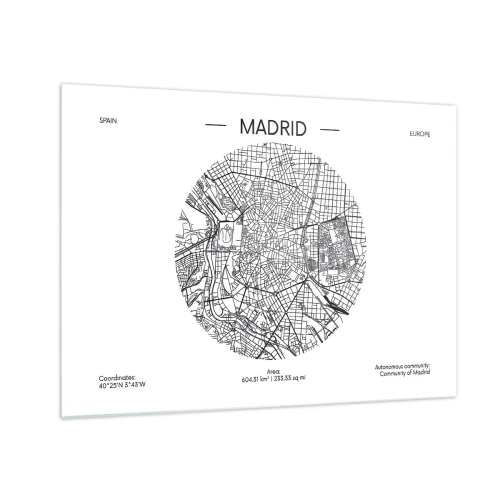 Obraz na skle - Čiernobiela minimalistická mapa Madridu v kruhovom tvare. - 70x50cm - Anatómia Madridu - Moderná nástenná dekorácia do obývacej izby a spálne ARTTOR