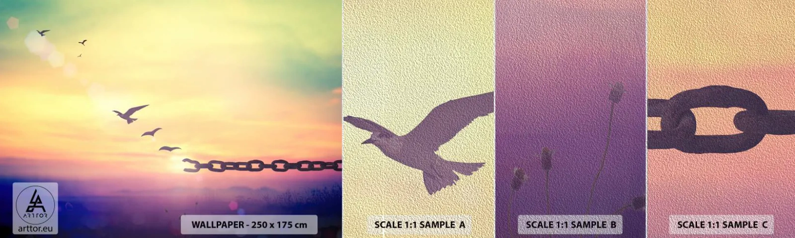 Vzorka fototapety Premium Sand - Víťazstvo slobody - Abstrakcia, Vtáky, Kus - 100x30 cm