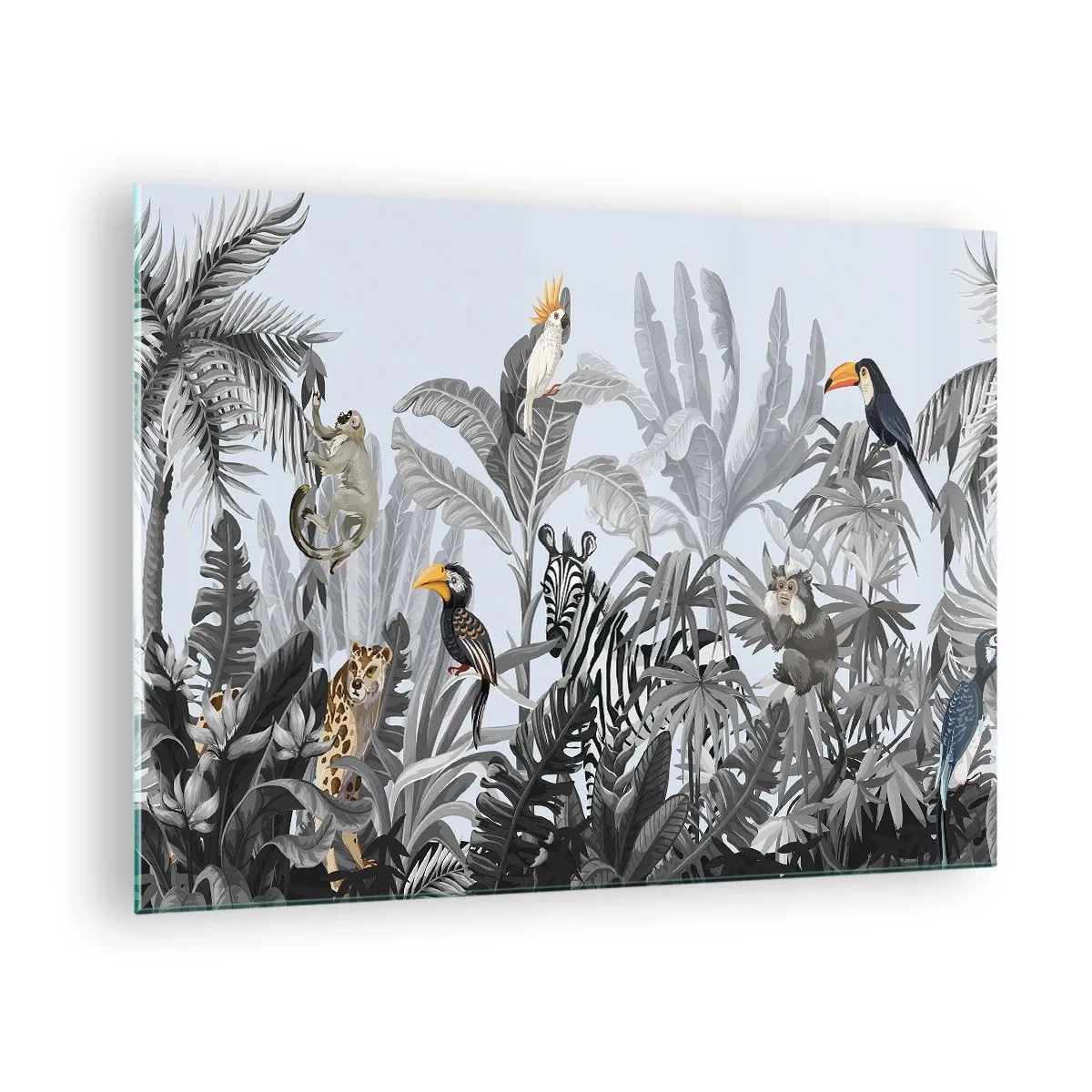 Obraz na skle - Exotické zvieratá v čiernobielej džungli na svetlom pozadí - 70x50cm - Africká rozprávka - Moderná nástenná dekorácia do obývacej izby a spálne ARTTOR