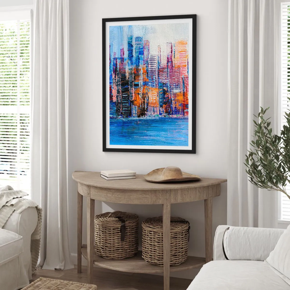 Plagát v čiernom ráme - Abstraktná panoráma mesta v intenzívnych farbách - 50x70cm - Radostná metropola - Moderná nástenná dekorácia do obývacej izby a spálne ARTTOR