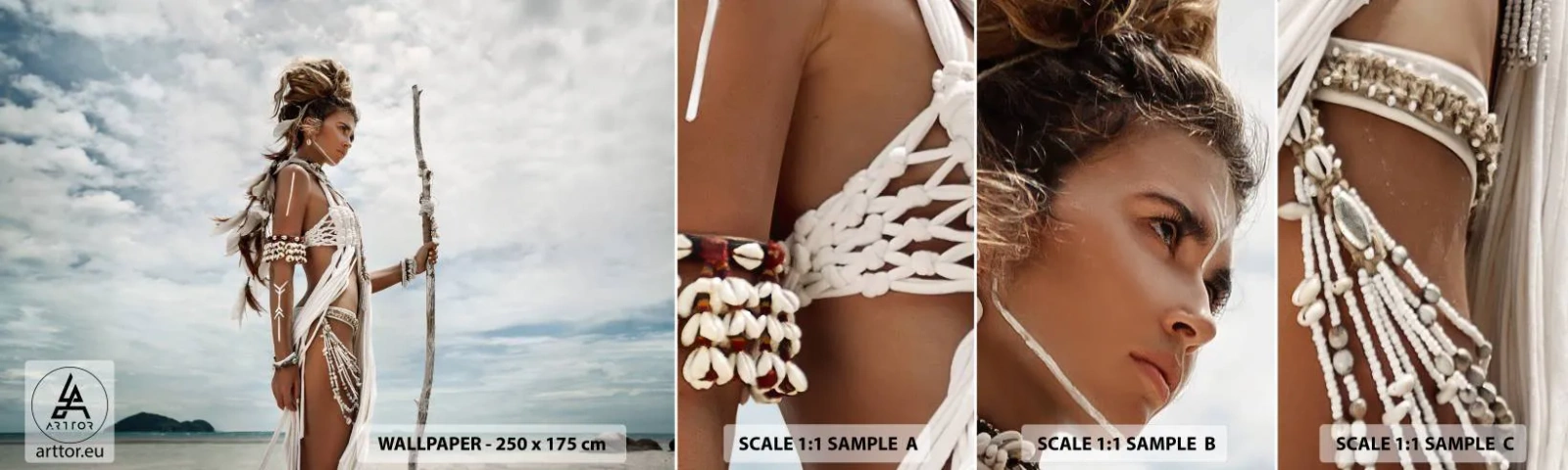 Vzorka samolepiacej fototapety Deluxe Sticker - Kráľovná trópov - Žena, Etnické šaty, kmeň - 100x30 cm