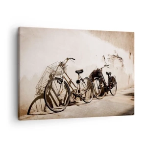 Obraz na plátne - Dva bicykle opreté o starú stenu v retro štýle - 70x50cm - Nezabudnuteľné kúzlo minulosti - Moderná nástenná dekorácia do obývacej izby a spálne ARTTOR