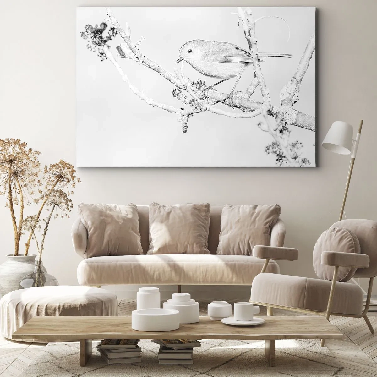 Obraz na plátne - Vták na konári v čiernobielej farbe s minimalistickým štýlom - 70x50cm - Zimné ráno - Moderná nástenná dekorácia do obývacej izby a spálne ARTTOR