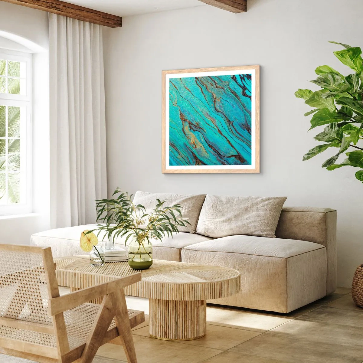 Plagát v ráme zo svetlého duba - Tyrkysový príliv - 40x40 cm